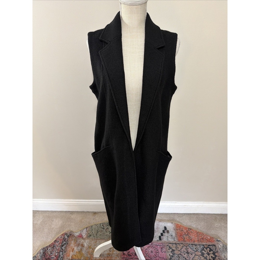 Tahari Wool Viscose Blend Sleeveless Open Front Cardigan Black Women's Medium
